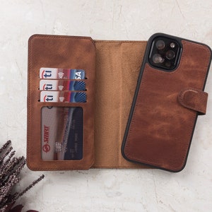 Genuine Brown Leather Double iPhone Wallet Case for iPhone 15, 14, 13, 12, 11, 11 Pro, X, XS, XR, XS, 6, 7, 8 Plus Detachable iPhone Case image 2