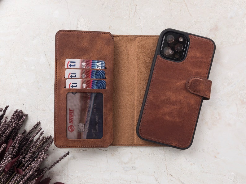 Genuine Brown Leather Double iPhone Wallet Case for iPhone 15, 14, 13, 12, 11, 11 Pro, X, XS, XR, XS, 6, 7, 8 Plus Detachable iPhone Case image 2