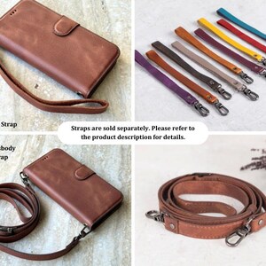 Genuine leather iPhone wallet case shown with optional wrist and crossbody straps. Available in multiple colors, straps are sold separately. Features a secure magnetic closure and detachable phone cover. Perfect for hands-free carrying.