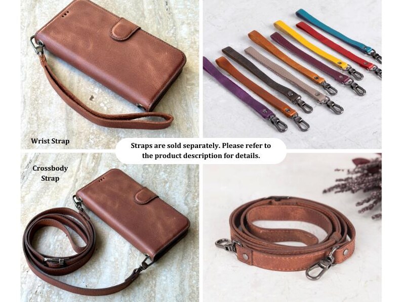 Genuine leather iPhone wallet case shown with optional wrist and crossbody straps. Available in multiple colors, straps are sold separately. Features a secure magnetic closure and detachable phone cover. Perfect for hands-free carrying.