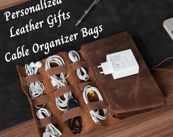 Custom Leather Cable Organizer, Handmade Cable Bag, Cable and Charger Organizer, Travel Cord Organizer, Tech Organizer, Wedding, Travel Gift