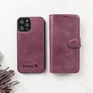 Genuine Purple Leather iPhone 15,  14, 13, 12, 11, 11 Pro Max, X, Xs Max, XR, 8, 7, 6 Plus Personalized Detachable Wallet Case iPhone