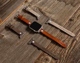 Personalized Leather Apple Watch Band 38,40,41,42,44,45,49 mm, Slim Beaded Strap, iWatch, Galaxy, FitBit, Pixel Watch, Gift for Her Sister