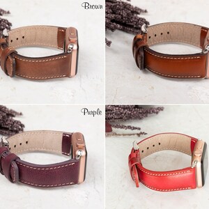 Personalized handmade genuine leather Apple Watch bands in Brown, Rustic, Purple, and Red. Custom engraving available for names, initials, or messages. Compatible with Apple Watch 38mm, 40mm, 41mm, 42mm, 44mm, 45mm, 49mm, Samsung Galaxy, Fitbit, Garmin, Fossil, and Google Pixel smartwatches.