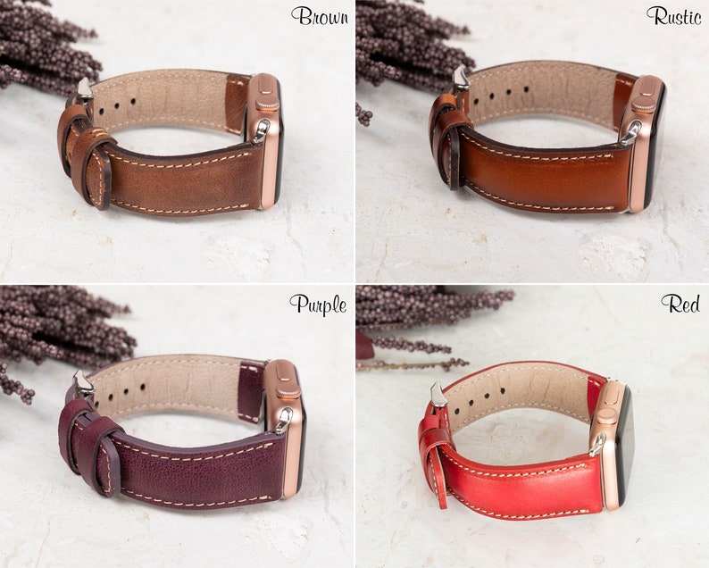 Personalized handmade genuine leather Apple Watch bands in Brown, Rustic, Purple, and Red. Custom engraving available for names, initials, or messages. Compatible with Apple Watch 38mm, 40mm, 41mm, 42mm, 44mm, 45mm, 49mm, Samsung Galaxy, Fitbit, Garmin, Fossil, and Google Pixel smartwatches.