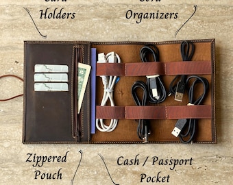 Cable Organizer Handmade Cable Organizer Bag, Leather Cable and Charger Organizer Travel Cord Organizer, Personalized Cord Organizer