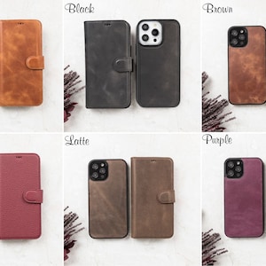 Genuine leather iPhone wallet cases available in six colors: Amber, Black, Brown, Burgundy, Latte, and Purple. Features a detachable magnetic phone cover, secure magnetic flap closure, and multiple card slots. Compatible with iPhone 16, 15, 14, 13, 12, 11, XR, XS, X, 8, 7, SE, Pro, Max, Mini.