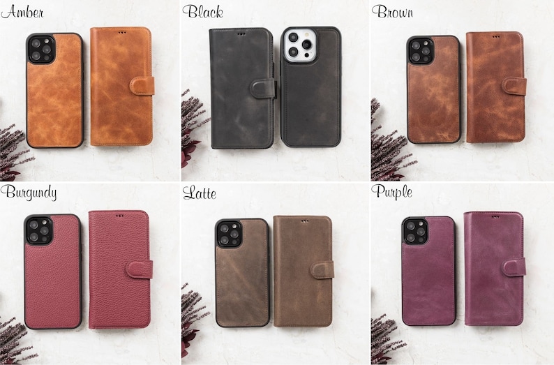 Genuine leather iPhone wallet cases available in six colors: Amber, Black, Brown, Burgundy, Latte, and Purple. Features a detachable magnetic phone cover, secure magnetic flap closure, and multiple card slots. Compatible with iPhone 16, 15, 14, 13, 12, 11, XR, XS, X, 8, 7, SE, Pro, Max, Mini.