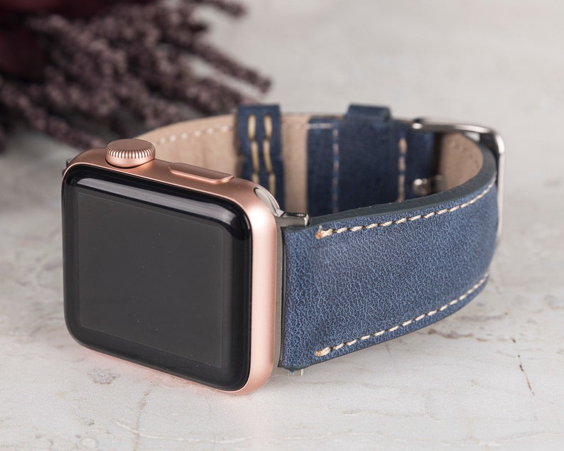 Genuine Blue Leather Apple Watch Band, iWatch Strap, 38, 40, 41, 42, 44, 45, 49 mm, Apple Watch, Galaxy, Fitbit, Google Pixel, Fossil Watch image 2