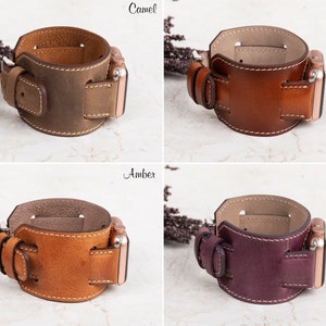 Personalized leather cuff watch band in Camel, Rustic, Amber, and Purple. Made from premium genuine leather, this custom engraved band offers a unique and rugged style. Available in multiple sizes and compatible with Apple Watch, Samsung Galaxy, Fitbit, Google Pixel, Fossil, and Garmin models.