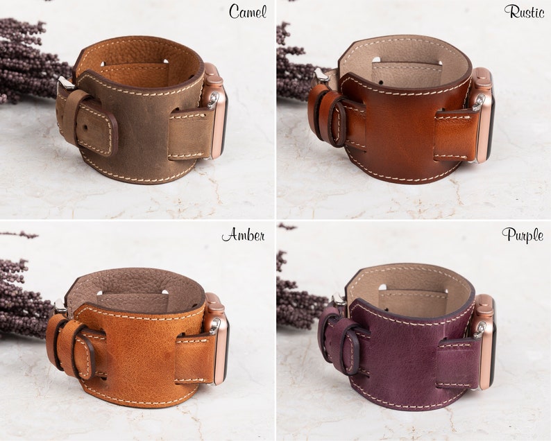 Personalized leather cuff watch band in Camel, Rustic, Amber, and Purple. Made from premium genuine leather, this custom engraved band offers a unique and rugged style. Available in multiple sizes and compatible with Apple Watch, Samsung Galaxy, Fitbit, Google Pixel, Fossil, and Garmin models.