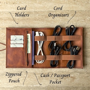 Personalized Leather Cord Organizer: Handmade Travel Cable Storage