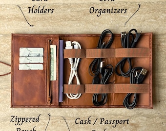 Puede incluir: Un organizador de viaje de cuero marrón con múltiples compartimentos para cables, tarjetas y efectivo o un pasaporte. El organizador tiene una bolsa con cremallera y correas elásticas para mantener los artículos seguros.