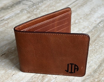 High-Quality Genuine Leather Handmade Custom Engraved Bi-fold Wallet, Personalized Monogram, Unisex Card Holder, Gift for Him, Made in USA