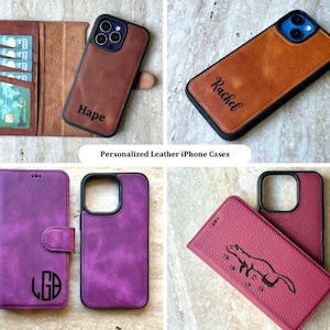 Personalized genuine leather iPhone wallet cases with custom engraving options, including names, initials, monograms, and logos. Features a detachable magnetic phone cover, card slots, and a secure magnetic closure. Compatible with iPhone 16, 15, 14, 13, 12, 11, XR, XS, X, 8, 7, SE, Pro, Max, Mini.