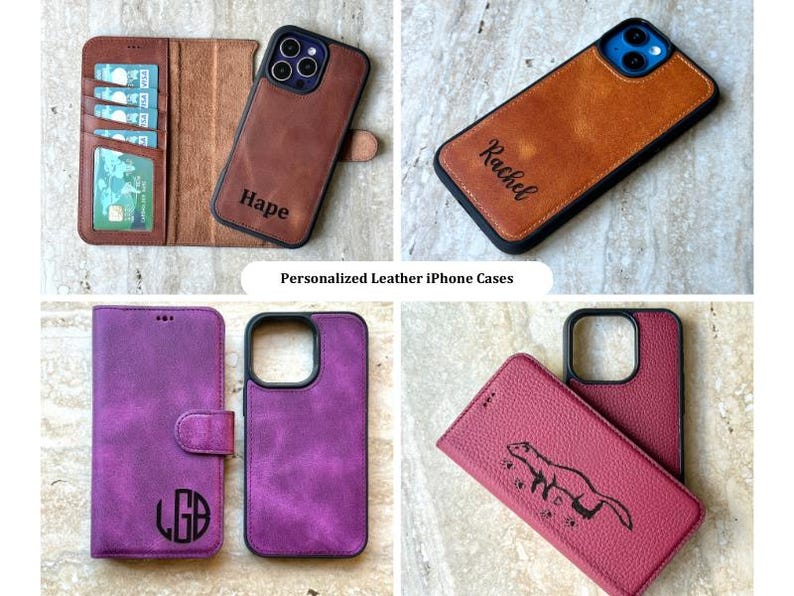 Personalized genuine leather iPhone wallet cases with custom engraving options, including names, initials, monograms, and logos. Features a detachable magnetic phone cover, card slots, and a secure magnetic closure. Compatible with iPhone 16, 15, 14, 13, 12, 11, XR, XS, X, 8, 7, SE, Pro, Max, Mini.