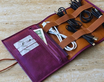 Custom Cable Organizer Handmade Cable Organizer Bag, Leather Cable and Charger Organizer Travel Cord Organizer, Personalized Cord Organizer