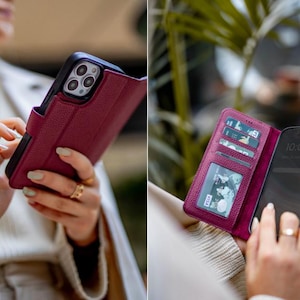 Stylish burgundy genuine leather iPhone wallet case with a detachable magnetic phone cover, multiple card slots, and a secure magnetic flap closure. Perfect for everyday use and travel. Compatible with iPhone 16, 15, 14, 13, 12, 11, XR, XS, X, 8, 7, SE, Pro, Max, Mini
