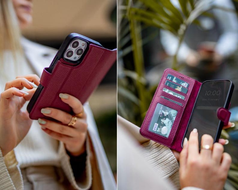 Stylish burgundy genuine leather iPhone wallet case with a detachable magnetic phone cover, multiple card slots, and a secure magnetic flap closure. Perfect for everyday use and travel. Compatible with iPhone 16, 15, 14, 13, 12, 11, XR, XS, X, 8, 7, SE, Pro, Max, Mini
