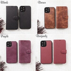 May include: Four sets of smartphone cases in black, brown, purple, and burgundy. Each set includes a textured or smooth folio-style case with a magnetic closure and a matching slim back cover, both featuring a cutout for the camera lens array.