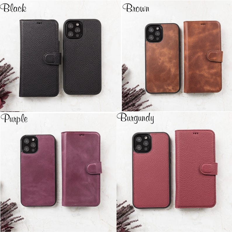 May include: Four sets of smartphone cases in black, brown, purple, and burgundy. Each set includes a textured or smooth folio-style case with a magnetic closure and a matching slim back cover, both featuring a cutout for the camera lens array.