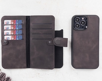 Leather iPhone Double 2in 1 Wallet Case, Magnetic Detachable MagSafe Compatible Wallet Case For iPhone 17, 16, 15, 14, 13, 12, SE Series