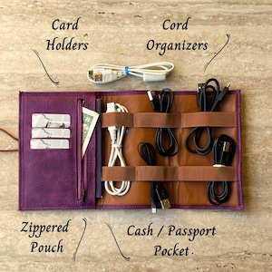 Aangepaste lederen kabelopberger, handgemaakte kabeltas, opberger voor kabel en oplader, opberger voor reissnoer, vakantiereiscadeau, technische opberger