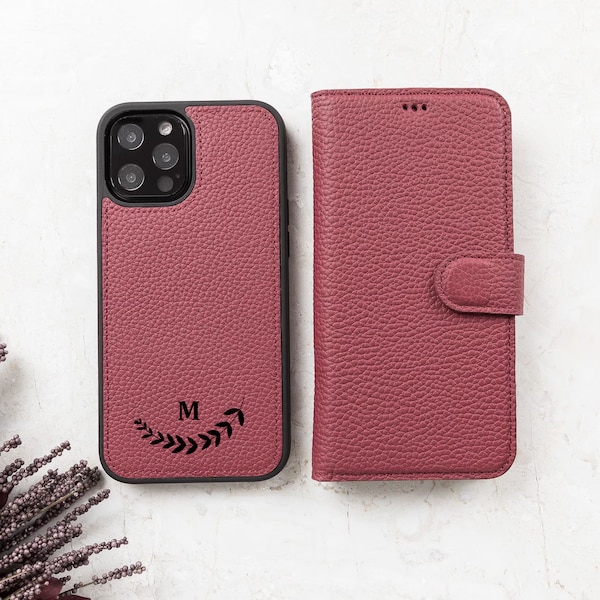 Genuine Burgundy Leather iPhone 15, 14, 13, 12, 11, 11 Pro Max, X, Xs Max, XR, 8, 7, 6 Plus Custom Detachable Wallet Case iPhone Card Holder