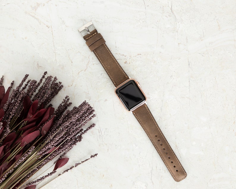 genuine leather Apple Watch band. Designed for Apple Watch 38mm, 40mm, 41mm, 42mm, 44mm, 45mm, 49mm, Samsung Galaxy, Fitbit, Garmin, Fossil, and Google Pixel smartwatches. Ideal for daily wear.
