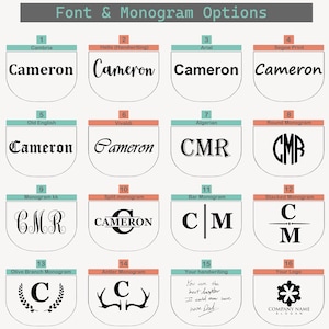 May include: A chart showing 16 different font and monogram options for a name. The options include different fonts, styles, and arrangements of the letters CMR. The chart is labeled with numbers 1 through 16 and the names of each font or monogram style.