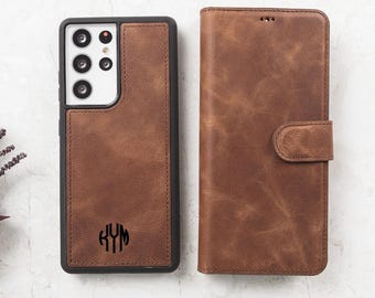 Premium Genuine Leather Wallet Case, Magnetic Detachable Cover & Card Holder, Galaxy S26, S25, S24, S23, S22, S21, S20, Note 20