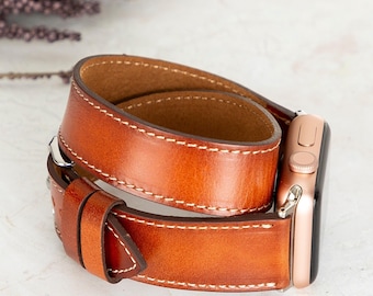 Correa de reloj de cuero personalizada de doble vuelta, correa de doble envoltura, compatible con Apple Watch, Galaxy, Fitbit, Pixel, para mujer, para hombre.