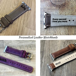Personalized genuine leather watch bands with custom engravings, including names, initials, and quotes. Available in multiple colors and sizes. Compatible with Apple Watch (38mm–49mm), Samsung Galaxy, Fitbit, Garmin, Fossil, and Google Pixel smartwatches. Perfect for gifts and everyday wear.