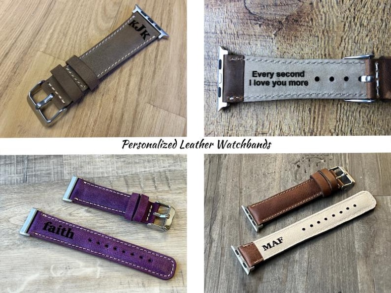 Personalized genuine leather watch bands with custom engravings, including names, initials, and quotes. Available in multiple colors and sizes. Compatible with Apple Watch (38mm–49mm), Samsung Galaxy, Fitbit, Garmin, Fossil, and Google Pixel smartwatches. Perfect for gifts and everyday wear.