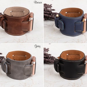 Handcrafted genuine leather cuff watch band available in Brown, Blue, Gray, and Black. Designed for comfort and durability, this stylish band can be personalized with names, initials, or special messages. Compatible with Apple Watch, Samsung Galaxy, Fitbit, Google Pixel, Fossil, and Garmin watches in various sizes