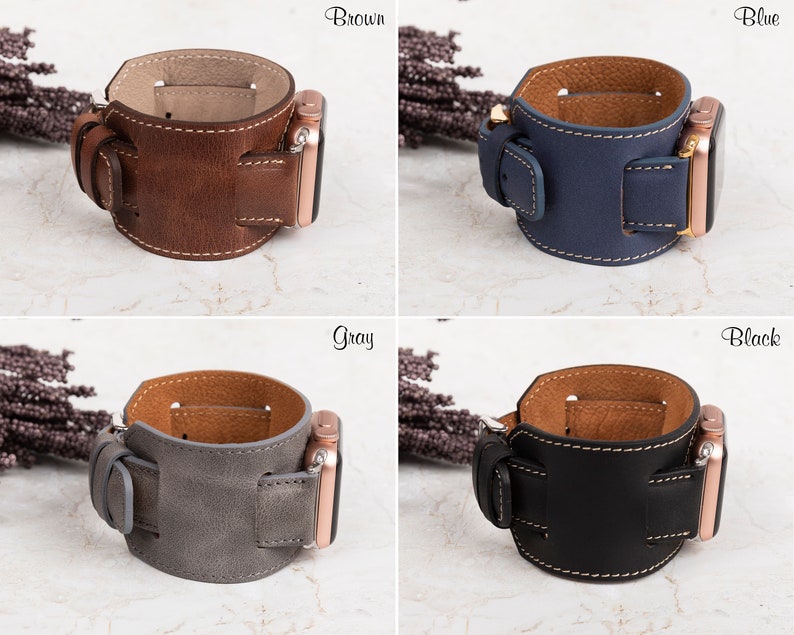 Handcrafted genuine leather cuff watch band available in Brown, Blue, Gray, and Black. Designed for comfort and durability, this stylish band can be personalized with names, initials, or special messages. Compatible with Apple Watch, Samsung Galaxy, Fitbit, Google Pixel, Fossil, and Garmin watches in various sizes