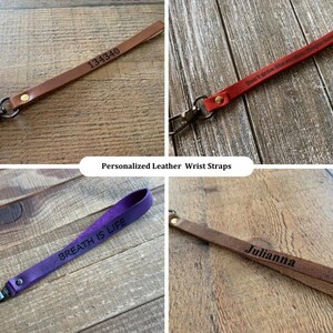 May include: A collage of personalized leather wrist straps in various colors. One is brown with the number "134340", another is red with text, a purple strap with "BREATH IS LIFE", and a brown strap with "Julianna".
