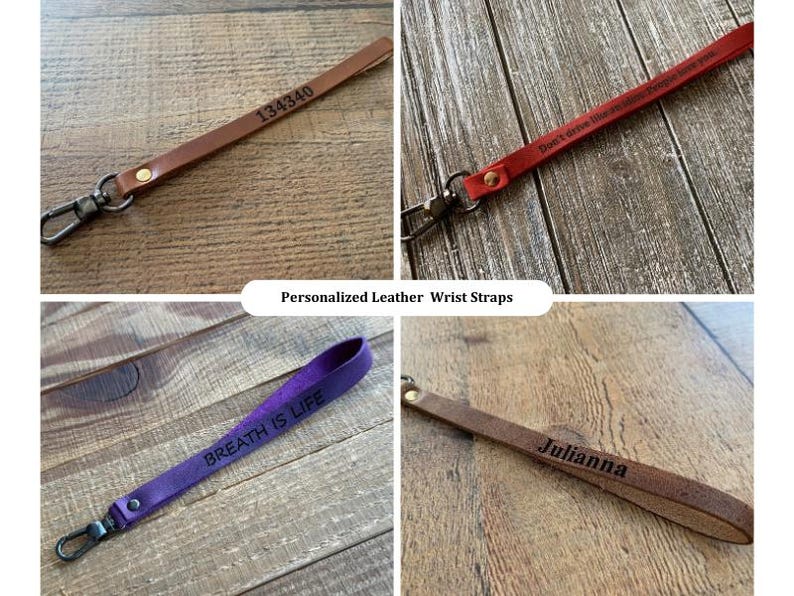 May include: A collage of personalized leather wrist straps in various colors. One is brown with the number "134340", another is red with text, a purple strap with "BREATH IS LIFE", and a brown strap with "Julianna".