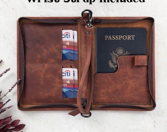 Spersonalizowany skórzany portfel na paszport, ręcznie robiony portfel podróżny, portfel na paszport z zamkiem błyskawicznym, dwuczęściowe etui na paszport podróżny