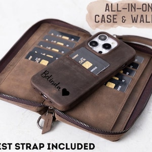Może przedstawiać: Brązowe skórzane etui i portfel typu all-in-one z paskiem na nadgarstek. Etui mieści telefon i kilka kart. Na etui telefonu znajduje się napis "Bdinda" i serce. Widoczne są również napisy "ALL-IN-ONE CASE & WALLET" i "WRIST STRAP INCLUDED".