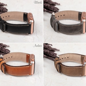 Handcrafted custom leather Apple Watch bands in Black, Gray, Amber, and Latte. Made from high-quality full-grain leather with personalization options. Fits Apple Watch Series 10, 9, 8, 7, 6, 5, 4, 3, 2, 1, SE, Ultra 2 in 38mm, 40mm, 41mm, 42mm, 44mm, 45mm, 49mm sizes.