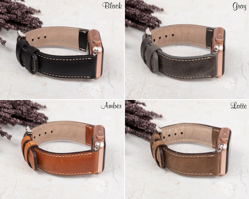 Handcrafted custom leather Apple Watch bands in Black, Gray, Amber, and Latte. Made from high-quality full-grain leather with personalization options. Fits Apple Watch Series 10, 9, 8, 7, 6, 5, 4, 3, 2, 1, SE, Ultra 2 in 38mm, 40mm, 41mm, 42mm, 44mm, 45mm, 49mm sizes.
