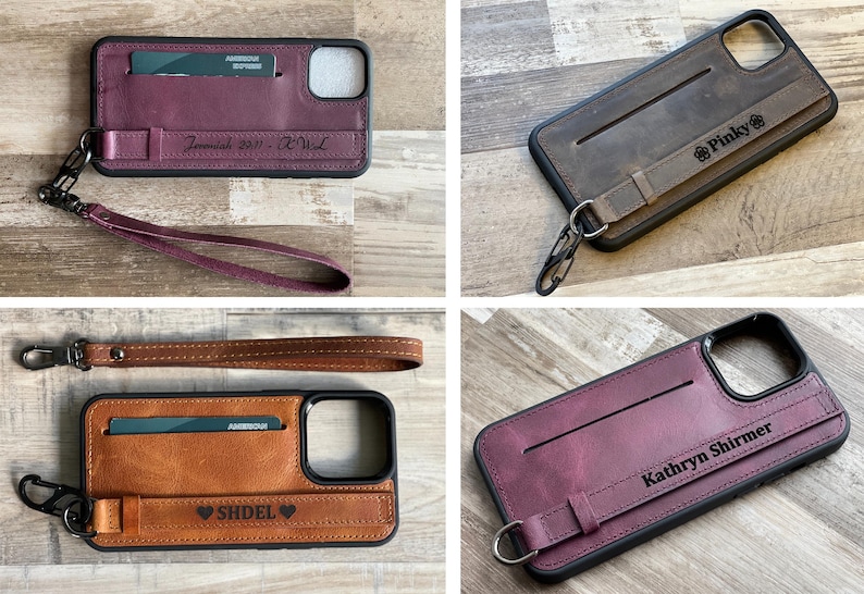 Puede incluir: Cuatro fundas de cuero para tel&eacute;fono con ranuras para tarjetas y correas de mu&ntilde;eca. Las fundas son en tonos burdeos, marr&oacute;n y tostado. Cada funda presenta un grabado personalizado, incluyendo nombres como Pinky, Kathryn Shirmer, SHDEL y el texto Jeremiah 29:11.