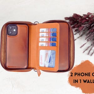 Two iPhone Wallet Case,Leather Dual iPhone Wallet Case,Handmade Zip Phone Pouch,iPhone Wallet Case for iPhone 17,16,15,14,13,12,SE,X,XR