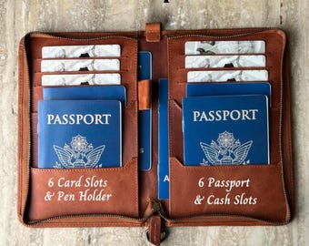 Genuine Leather Passport Cover, Custom Engraved Travel Wallet, Zipped Family Passport Holder, Secure Document Case, Secure Travel Pouch