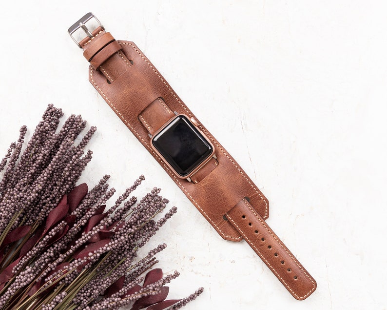 Genuine Brown Leather Cuff Band Strap, Apple Band 38, 40, 41, 42, 44, 45, 49 mm, Wrist Watch, iWatch Galaxy Fitbit Pixel Fossil Watch Band image 4