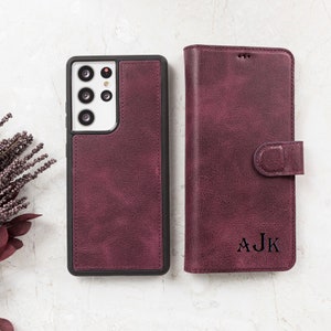 Funda de piel morada personalizada para Samsung Galaxy S25, S24, S23, S22, S21, S20, Note 20, 10, funda de billetera personalizada para Samsung, funda de teléfono grabada
