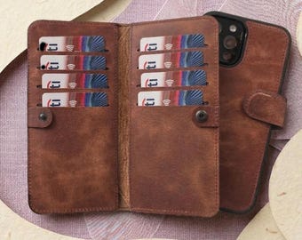 Double Wallet Case for iPhone, Top Grain Leather iPhone Wallet, Magnetic Detachable 2-in-1 Case for iPhone 17, 16, 15, 14, 13, 12, SE Series