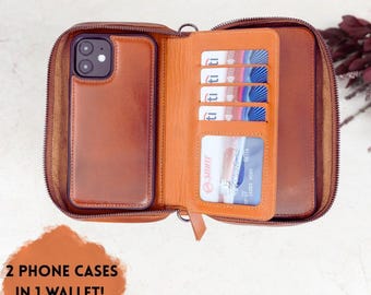 Two iPhone Wallet Case, Leather Dual iPhone Wallet Case, Handmade Zip Phone Pouch, iPhone Wallet Case for iPhone 17,16,15,14,13,12,SE Series