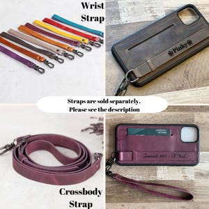 Personalized Leather iPhone Back Case, Custom Phone Case, Buit-in Grip Case with Strap, iPhone 16, 15, 14, 13, 12, 11, X, XS, XR, 8, 7,